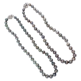 Two Tahitian semi-baroque cultured pearl and silver necklaces