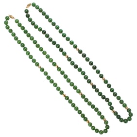 Two spinach jade and 14k gold beaded necklaces