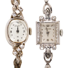 Two diamond, 14k white gold and cord wristwatches