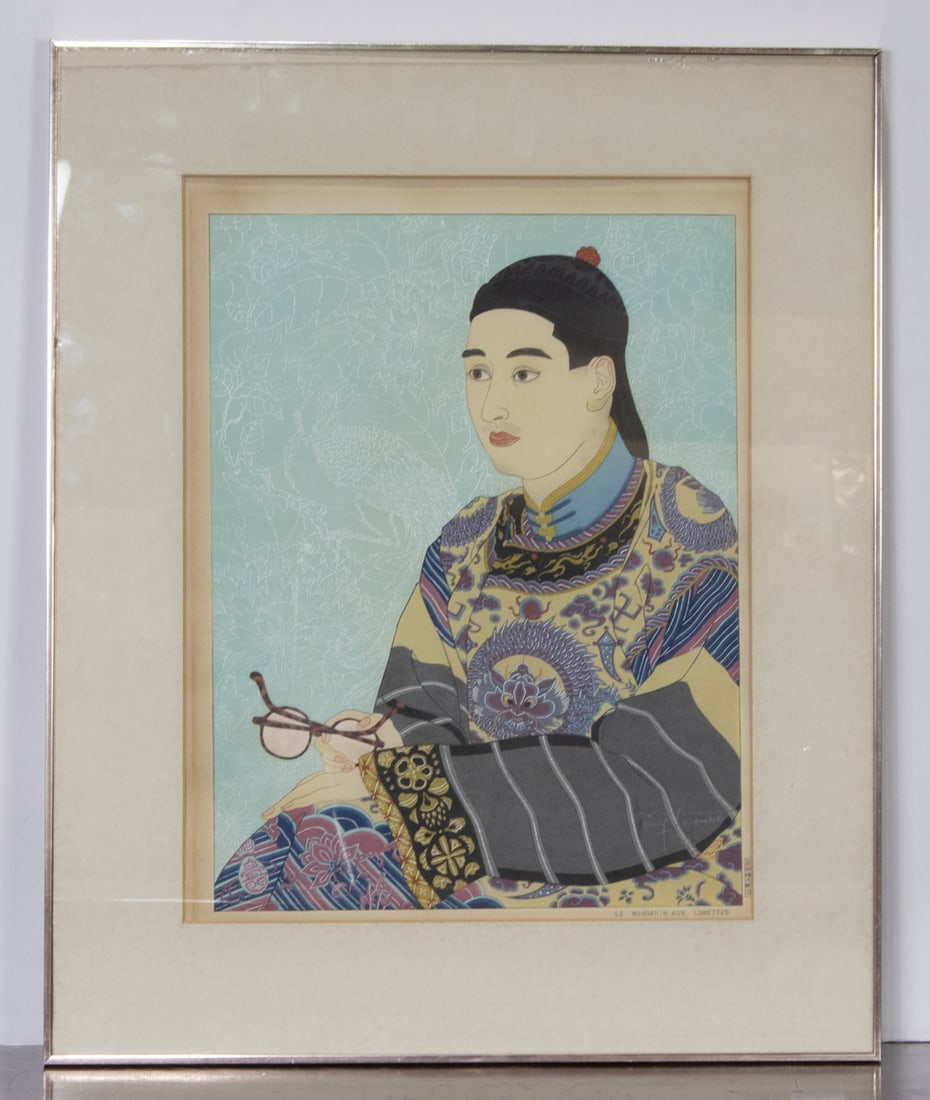 Paul Jacoulet (1896-1960) - Les Mandarin aux Lunettes: Paul Jacoulet (1896-1960) - Les Mandarin aux Lunettes. Woodblock print, 1950, titled, pencil signed lower right above red mandarin duck seal, framed and glazed, 16.5"h x 13"w of the visible image.