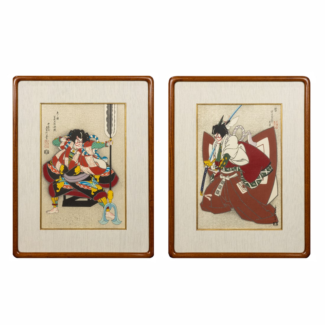 (lot of 2) Hasegawa Sadanobu III (1881-1963) - Woodblock Prints: (lot of 2) Hasegawa Sadanobu III (1881-1963) - Woodblock Prints. Comprising one "Yanone: Sago Goro Tokimunu" and one "Shibaraku-Kabuki", each signed and bearing a seal, framed and glazed, 15.25"h x 10