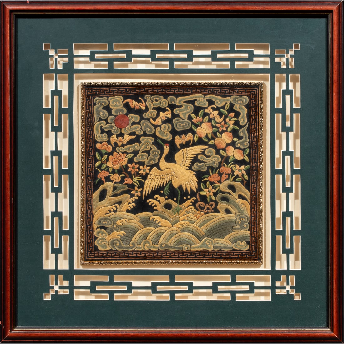 A Chinese embroidered rank badge: A Chinese embroidered rank badge. Late Qing period, framed and glazed, 11.625"h x 11.625"w.