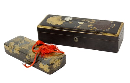 (lot of 2) Japanese black and gilt lacquered boxes