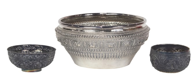 (lot of 3) Burmese repousse silver bowls