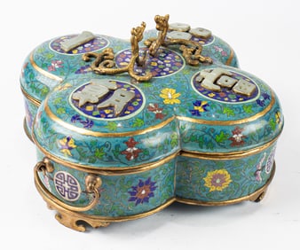 A Chinese cloisonne enamel box with jade inlay
