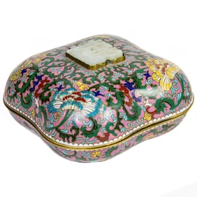 A Chinese cloisonne box with white jade inset