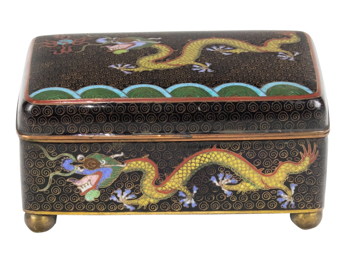 (lot of 4) Chinese cloisonne enameled articles: (lot of 4) Chinese cloisonne enameled articles. Comprising a red-ground and a black-ground brush washers, a black ground 'dragon' box, and a vase, Republic period, 8.5" widest. Provenance: Estate of L
