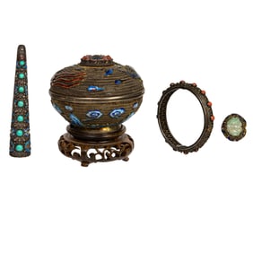 (lot of 4) Chinese enameled silver filigree objects