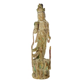 A Chinese polychrome painted wood figure of Guanyin