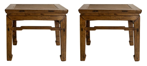 A pair of Chinese elmwood low square tables