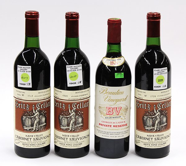 California Cabernet Sauvignon wine: (lot of 4) California Cabernet Sauvignon wine consisting of 1981 Heitz Cellar Bella Oaks Cabernet Sauvignon, Napa Valley, two 1982 Heitz Cellar Bella Oaks Cabernet Sauvignon, Napa Valley, and 1979 Bea