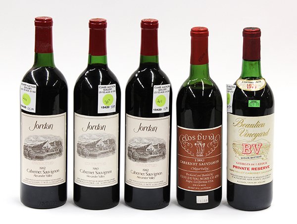 California Cabernet Sauvignon wine group: (lot of 5) California Cabernet Sauvignon wine including 1979 Beaulieu Vineyard BV Georges de Latour Private Reserve Cabernet Sauvignon, Napa Valley, 1980 Jordan Winery Cabernet Sauvignon, Alexander Va