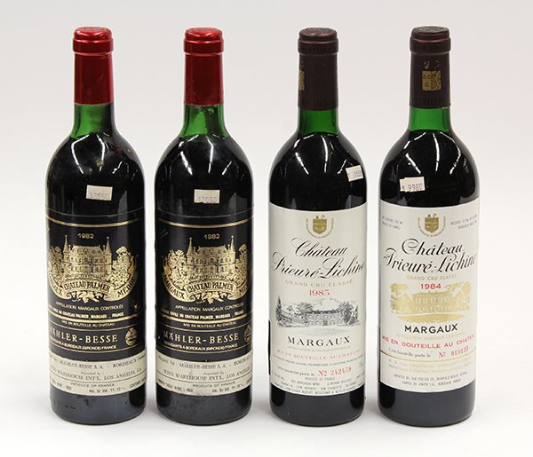 Margaux, French wine group: (lot of 4) French wine including two 1982 Chateau Palmer, Margaux, France, 1984 Chateau Prieure-Lichine, Margaux, France and 1985 Chateau Prieure-Lichine, Margaux, France, each 750ml