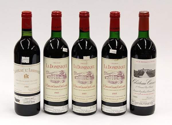 Saint-Emilion Grand Cru, French wine group: (Lot of 5) French wine consisting of three 1985 Chateau La Dominique, Saint-Emilion Grand Cru, France, 1983 Chateau L'Arrosee, Saint-Emilion Grand Cru, France, and 1985 Chateau Canon, Saint-Emilion Gr