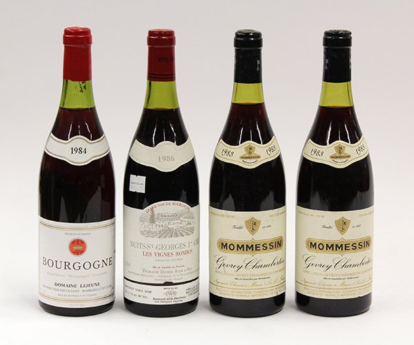 French wine group: (lot of 4) French wine consisting of two 1983 Mommessin Gevrey-Chambertin, Cote de Nuits, France, 1984 Domaine Lejeune Bourgogne Pinot Noir, Burgundy, France, and 1986 Domaine Daniel Rion & Fils Les V