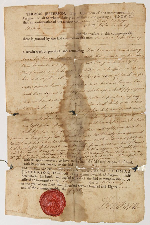 Thomas Jefferson autographed document: Jefferson, Thomas, autographed document signed, Richmond: February 1, 1781, title to purchase of 290 acres by John Ramey, letterpress and manuscript (in another hand) signed by Jefferson as Governor a