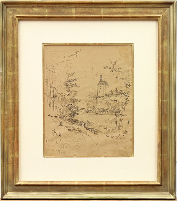 William Keith, "St. Mary's College", Drawing: William Keith (Californian, 1838-1911), "St. Mary's College", ink drawing, inscribed lower left, "To Carlos Hittel from Wm Keith," sheet: 12.75"h x 9.75"w, overall (with frame): 21.5"h x 19"w. Provena