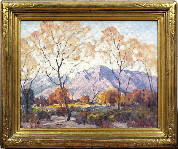 Hanson Puthuff, Rose and Gold, oil on canvas board: Hanson Duvall Puthuff (Californian, 1875-1972), "Rose and Gold," oil on canvas board, signed lower right, titled and signed verso: board: 16"h x 20"w, overall (with frame): 21"h x 24.5"w