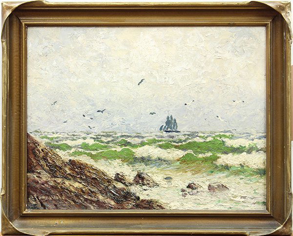 Carl Henrik Jonnevold, "A Breezy Day, Coast of Californ: Carl Henrik Jonnevold (Californian, 1856-1955), "A Breezy Day, Coast of California," oil on board, signed lower left, board: 14"h x 18"w, overall (with frame): 17.25"h x 21"w. Provenance: Estate of Da