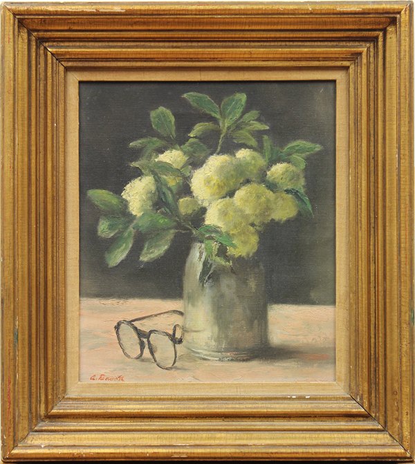 Alexander Brook, Still Life with Eyeglasses and Flowers: Alexander Brook (American, 1898-1980), Still Life with Eyeglasses and Flowers, oil on canvas, signed "A. Brooks" lower left, canvas: 14"h x 12"w, overall (with frame): 20.5"h x 18.5"w