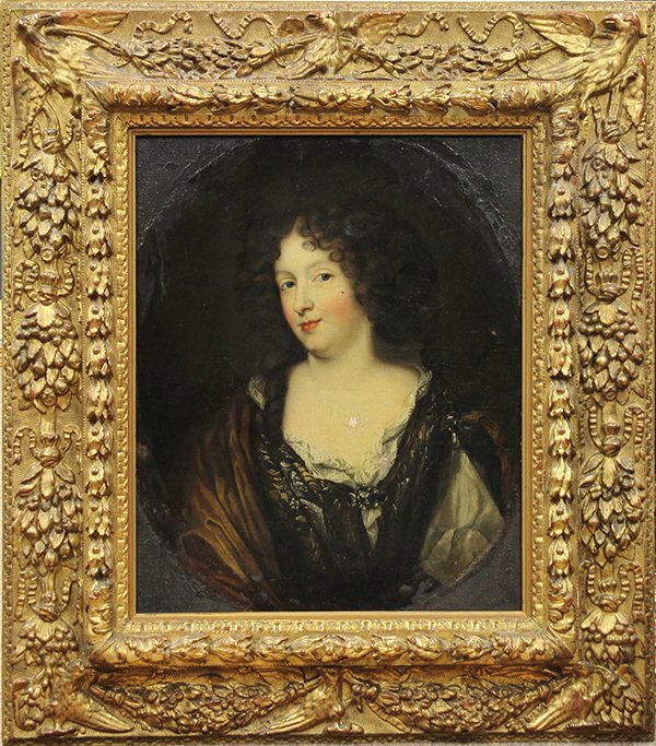 Circle Of Pierre Mignard the Younger, Portrait, oil on : Circle Of Pierre Mignard the Younger (French, 1640-1725), Portrait of Madame Le Comtesse de Grammond, oil on canvas, canvas: 26.5"h x 22"w, overall 41"h x 35.25"w