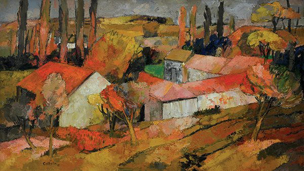 Bernard Cathelin, Autumn in Drome, Painting: Bernard Cathelin (French, 1919-2004), Autumn in Drome, 1960, oil on canvas, signed and dated lower left, titled and dated verso, canvas: 57.5"h x 100.75"w, overall (frame): 67.5"h x 101.75"w