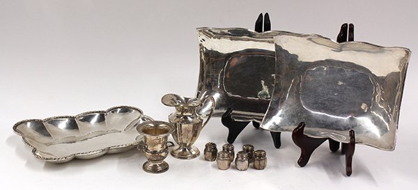Sterling silver table accessories: (lot of 11) Sterling silver table accessories consisting of associated Mexican sterling including a pair of modern style rectangular serving bowls with shaped edges, serving bowl with scallop details,