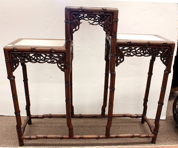 Chinese Three Tier Large Marble and Wood Stand: Chinese triple stepped stand with marble plaques, of bamboo design with a reticulated bamboo apron (cracked marble, one marble panel replaced; losses to apron), 47.5"w