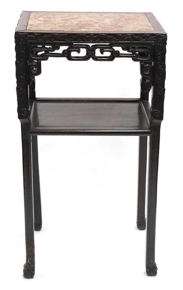 Chinese Two Tiered Marble and Wood Stand: Chinese tiered wood and marble stand, late Qing/Republic period, the top set with a pink mottled plaque within a frame carved with tendrils and an apron pierced with stylized scrolls, the middle tier 
