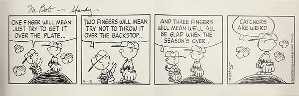 Charles Schulz , Peanuts Daily Comic Strip: Charles Schulz (American, 1922-2000), Peanuts Daily Comic Strip, (United Feature Syndicate, 1985), ink on board, dated 4-12-1985, dedicated "To Bob- Sparky" upper left, paper: 7"h x 24"w. Provenance: