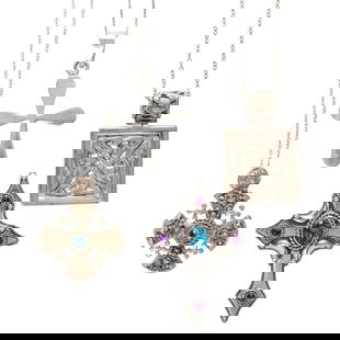 A group of silver and gemstone jewelry: A group of silver and gemstone jewelrycomprising 4 sterling pendants, 2 with chains 66.3 g gross