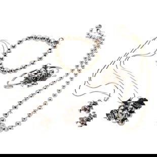 A sterling suite: A sterling suiteComprising a bead necklace, bracelet cuff, pin/pendant on chain and pair of earclips: 69.78 grams gross