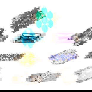 A group of gemstone and silver rings: A group of gemstone and silver ringsset with topaz, iolite, amethyst, emerald, CZ and cultured pearl: 32.04 grams gross