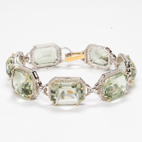 A green amethyst, diamond and silver bracelet