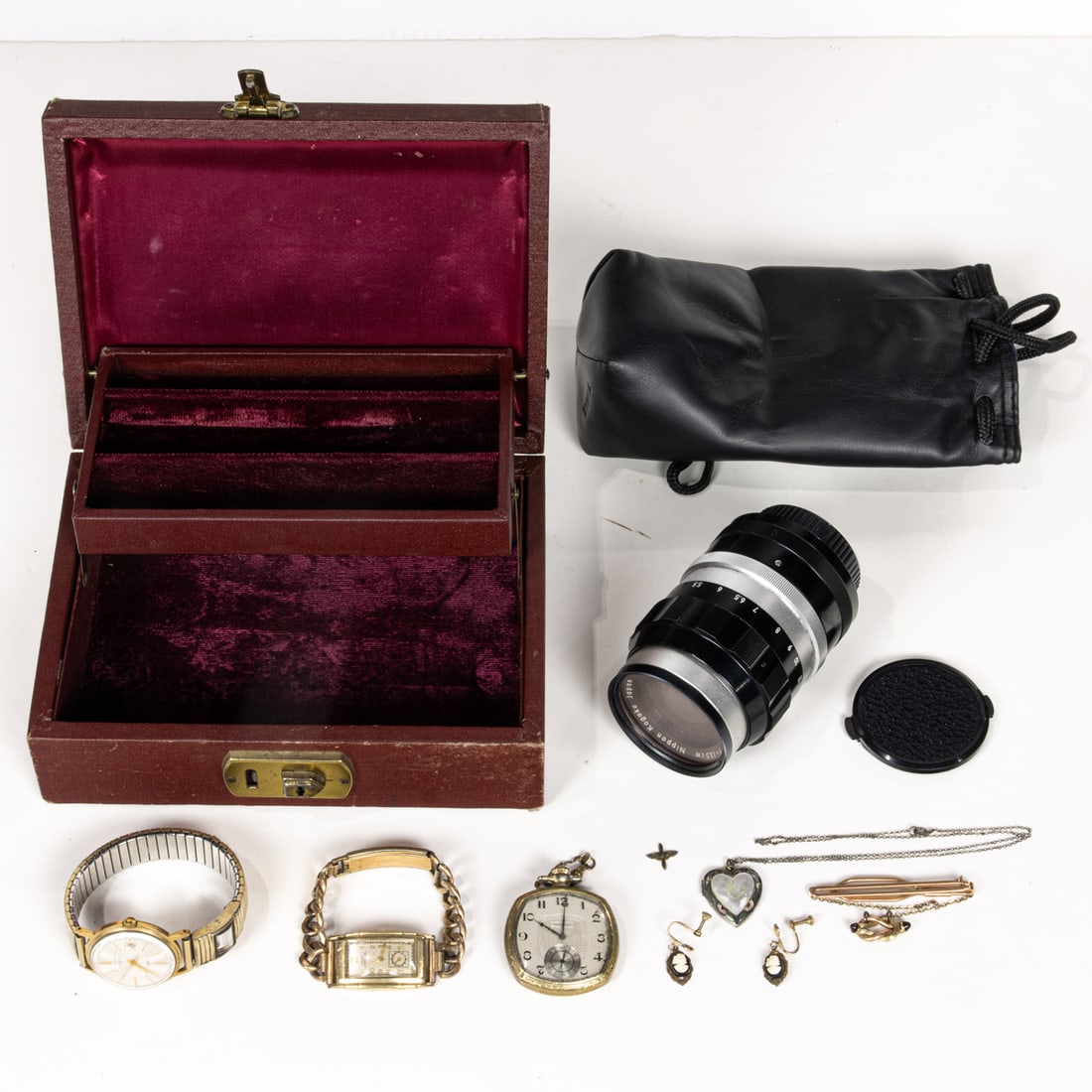 A Collection of jewelry, including cameo style earrings, pearl inlaid heart necklace, a Jules: A Collection of jewelry, including cameo style earrings, pearl inlaid heart necklace, a Jules Jurgensen link chain wristwatch, a Poljot wristwatch with calender, and a Waltham pocket watch with link c