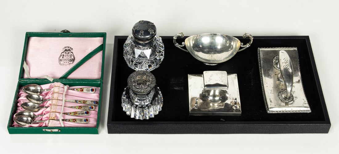 A Lot of (3) sterling or sterling mounted cut glass inkwells, including an English sterling weighted (1 of 2)
