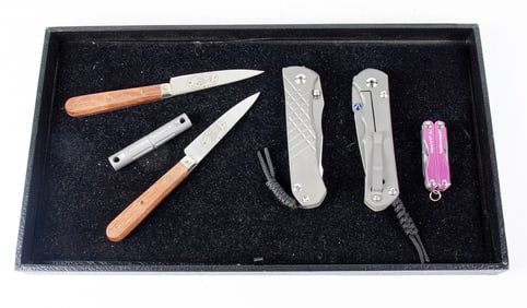 Five Contemporary outdoor, utility and sporting knives with cases