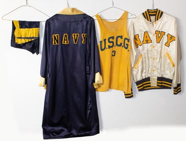 A vintage Navy silk jacket and a Navy silk boxing robe & short ensemble and a USCG jersey tank top