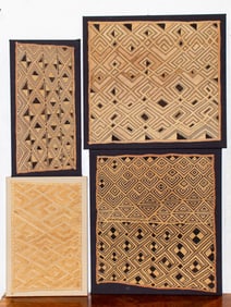 Four mounted Kuba cloth raffia panels