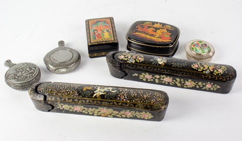A lot of Persian and Russian lacquer boxes, including (2) Qajar pen cases; (2) Russian fairy tale
