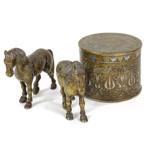 A Persian mixed metal covered jar and two figures of horses
