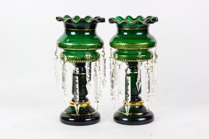 A pair of Continental gilt decorated emerald green glass mantel lusters