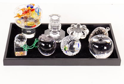 A lot of clear glass fruit and other table articles, including a Baccarat candlestick; a Waterford