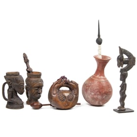 A Lot of Ethnic wood carvings, and other artifacts, including a Japanese Buddhist chanting bell with