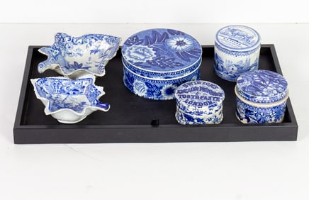 A group of English and French blue and white transferware, 19th century, comprising (2) English leaf