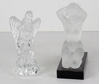 A French Sevres Cristal frosted glass seated figure of a nude and Waterford glass angel