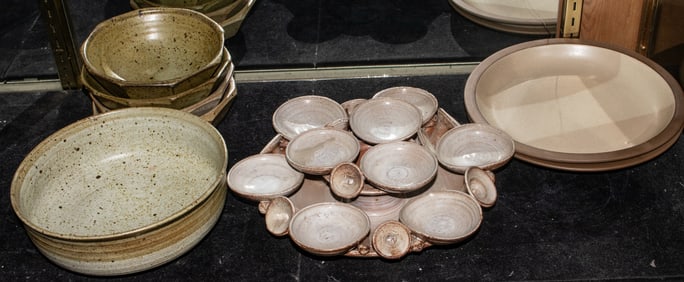 An assembled group of pottery including Heath Ceramics and Prieto