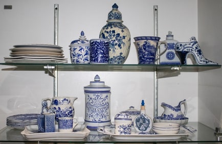 A group of mainly blue and white ceramics