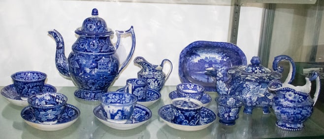 A group of English Staffordshire dark blue and white transfer decorated pottery