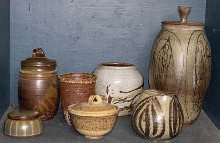 A group of seven Studio pottery vessels and boxes